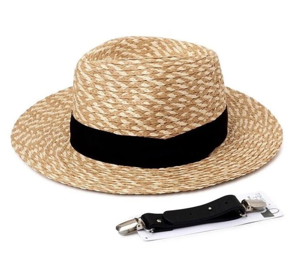 NWT Time and Tru Beige Straw Fedora Wide Brim Sun Hat w/ Bag Clip One Size